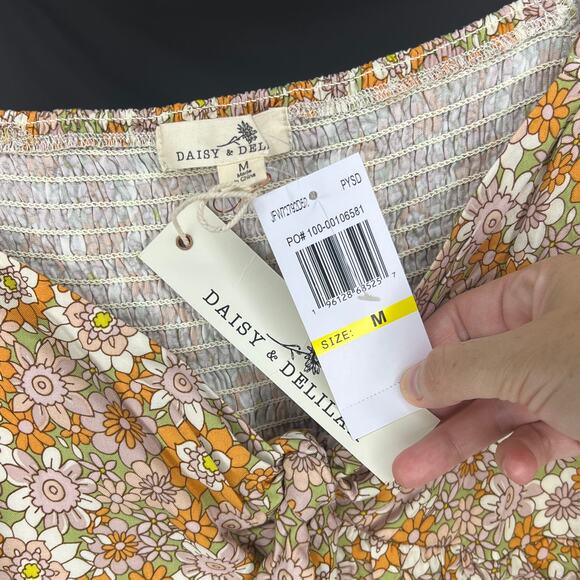 Daisy & Delilah (M) Floral Smocked Long Sleeve Peasant Top Tie Front Crop Blouse - Picture 7 of 16